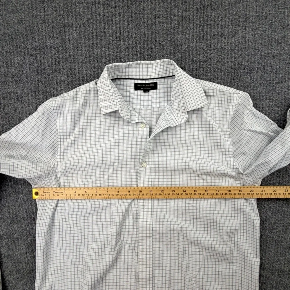 Banana Republic Slim Fit Non-Iron Grid Check Shirt White Men's Medium 15-15.5
